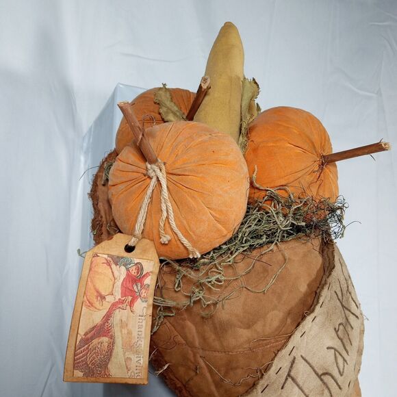 Cornucopia Horn Of Plenty Basket Thanksgiving Handmade Fabric Table Wall Mount - Picture 3 of 16